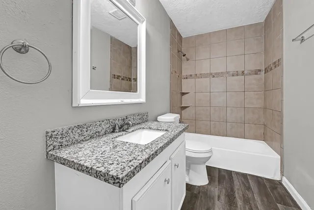 a bathroom with a granite countertop sink a toilet and a mirror