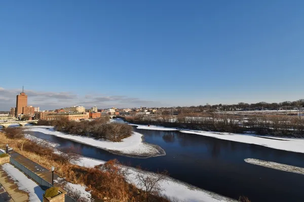 a view of a lake with a city