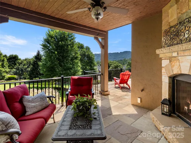 a balcony with furniture and a potted plant