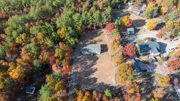an aerial view of residential houses with outdoor space and trees