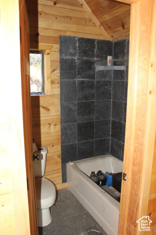 Undisclosed Address Summit, UT 84772 - Photo 20 of 24 Bathroom with wooden walls, shower / bath combination, tile patterned floors, and wooden ceiling