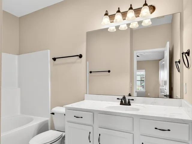 a bathroom with a sink vanity mirror and toilet