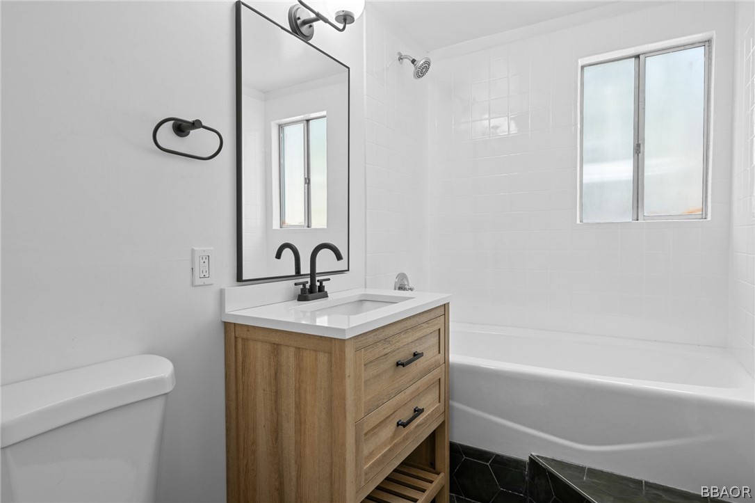 39596 Forest Road Big Bear Lake, CA 92315 - Photo 28 of 50 a bathroom with a sink a toilet and mirror