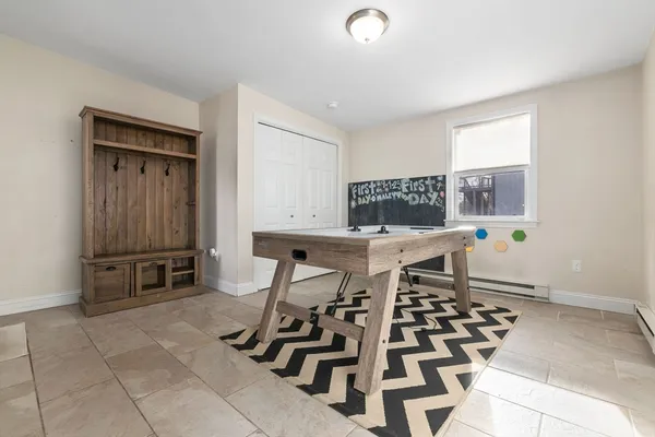 a view of a dining room with furniture