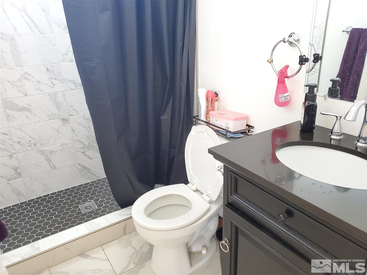 2146 Barberry Way Reno, NV 89512 - Photo 8 of 18 a bathroom with a sink a toilet and shower curtain