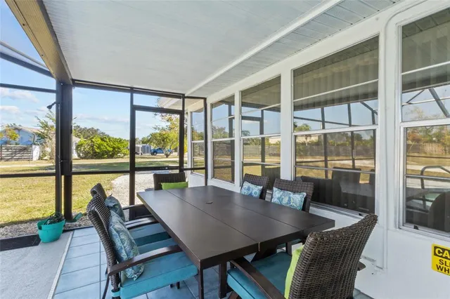 a view of a dining room with furniture and window
