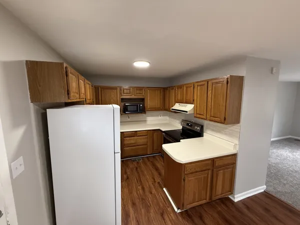 a kitchen with a refrigerator a sink and wooden cabinets