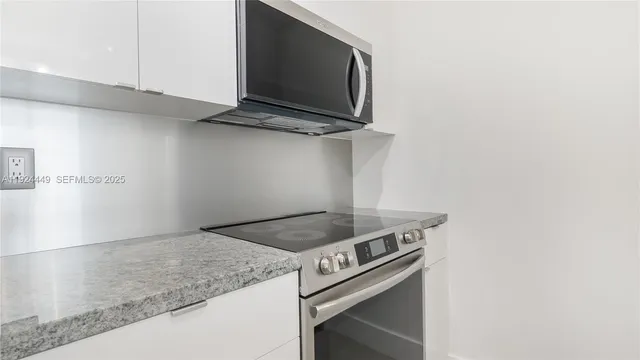 a kitchen with a stove and a microwave