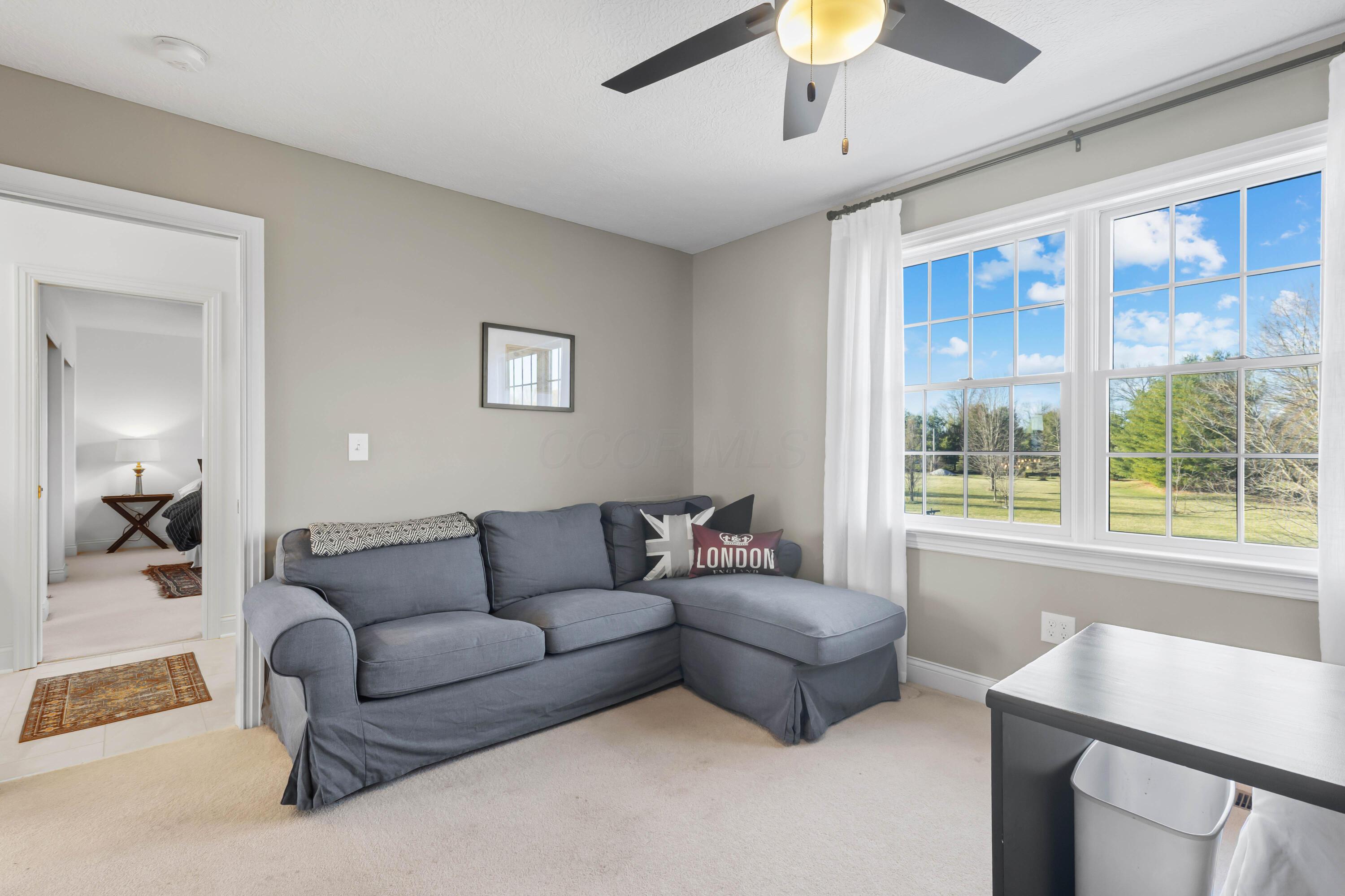1364 Dale Ford Road Delaware, OH 43015 - Photo 65 of 112 • Light sand carpet • Black & grey painted walls • Lighted ceiling fan • (2) sets of closets with double sliding doors • Wall hooks do not remain • Jack & Jill bath access • Drapes remain