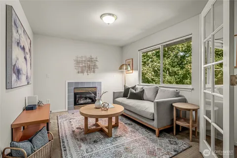 a living room with furniture two window and a fireplace