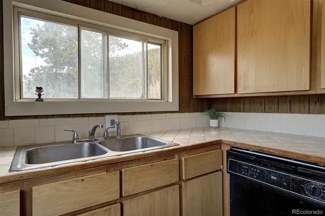 a kitchen with sink a window and cabinets
