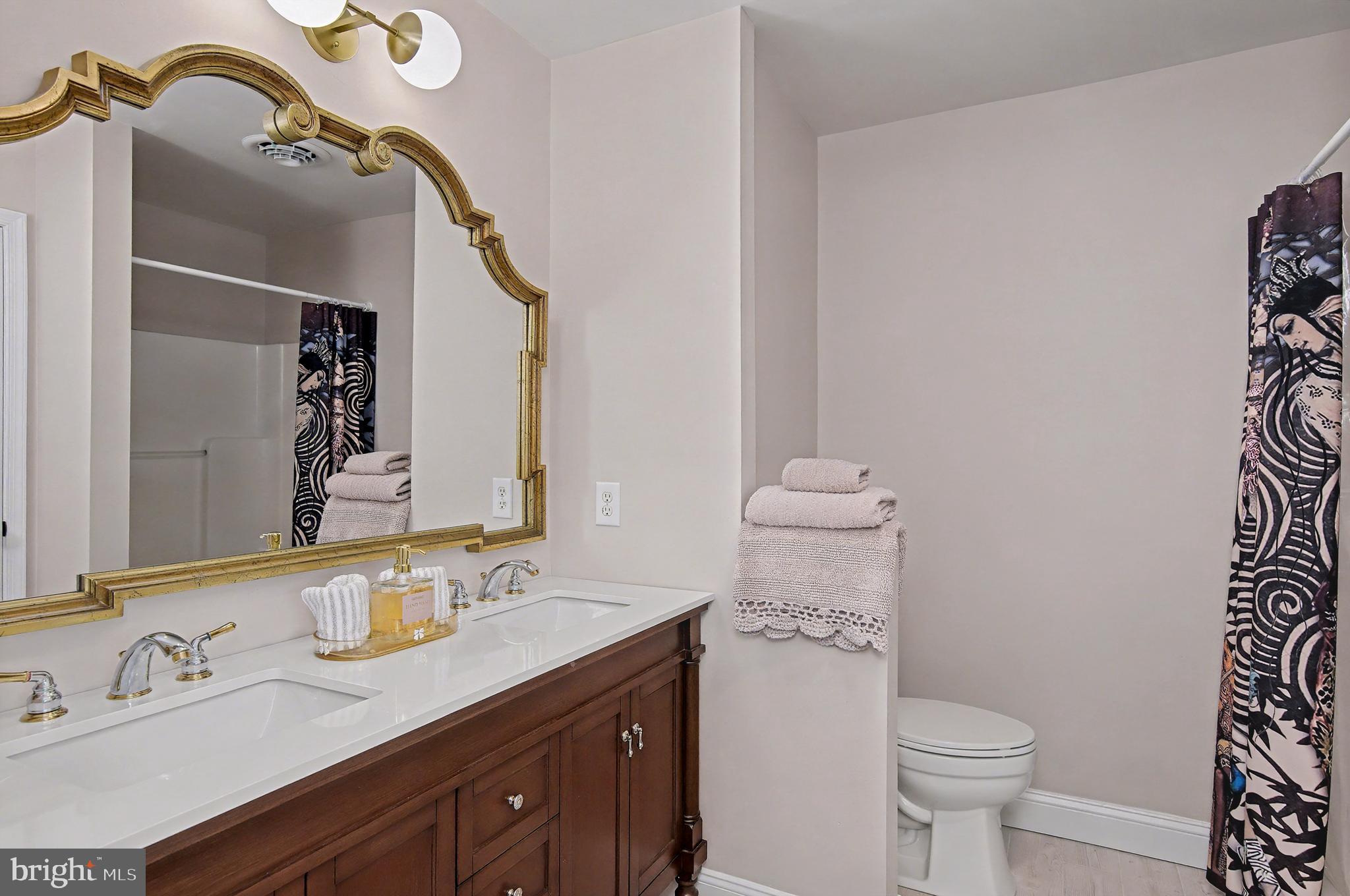 6660 Reeses Pride Road Sherwood, MD 21665 - Photo 46 of 72 a bathroom with a granite countertop sink a toilet and a mirror
