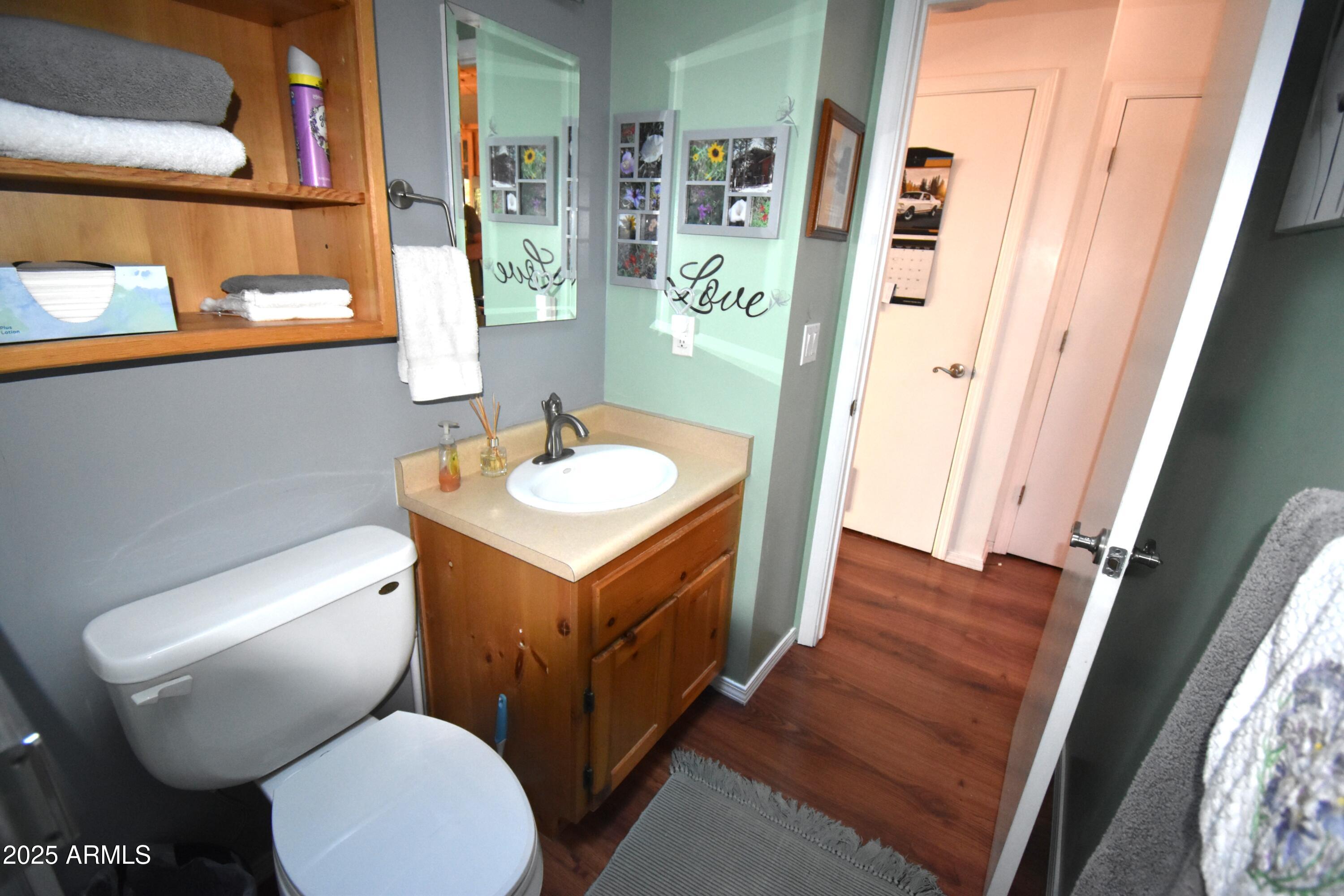 8742 Tonto Rim Drive Pine, AZ 85544 - Photo 34 of 41 a bathroom with a toilet sink and mirror