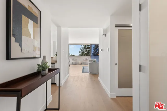 a hallway with white doors wooden floor and a potted plant