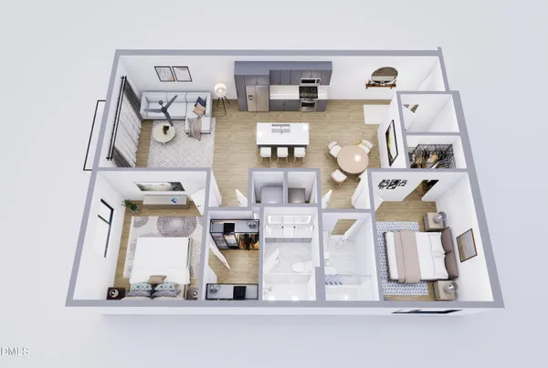 a view of living room with furniture and white kitchen