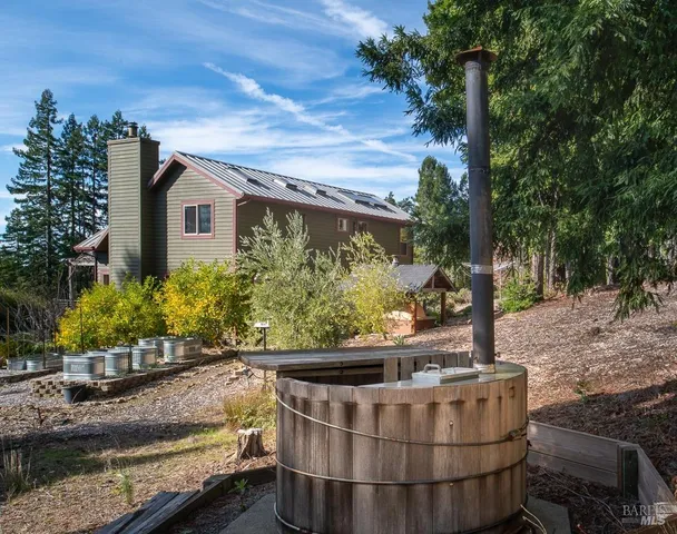 an aerial view of a house with a yard and a trees