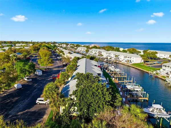 a view of a brick house with a large windows and a yard with plants and large tree