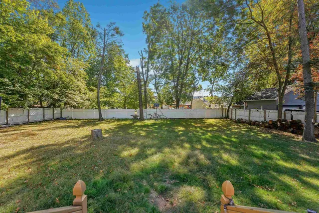 a view of a backyard with large trees