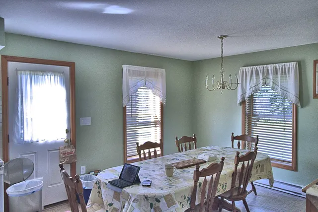 an aerial view of a house with a yard and large trees
