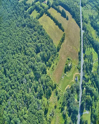 an aerial view of a house with a yard