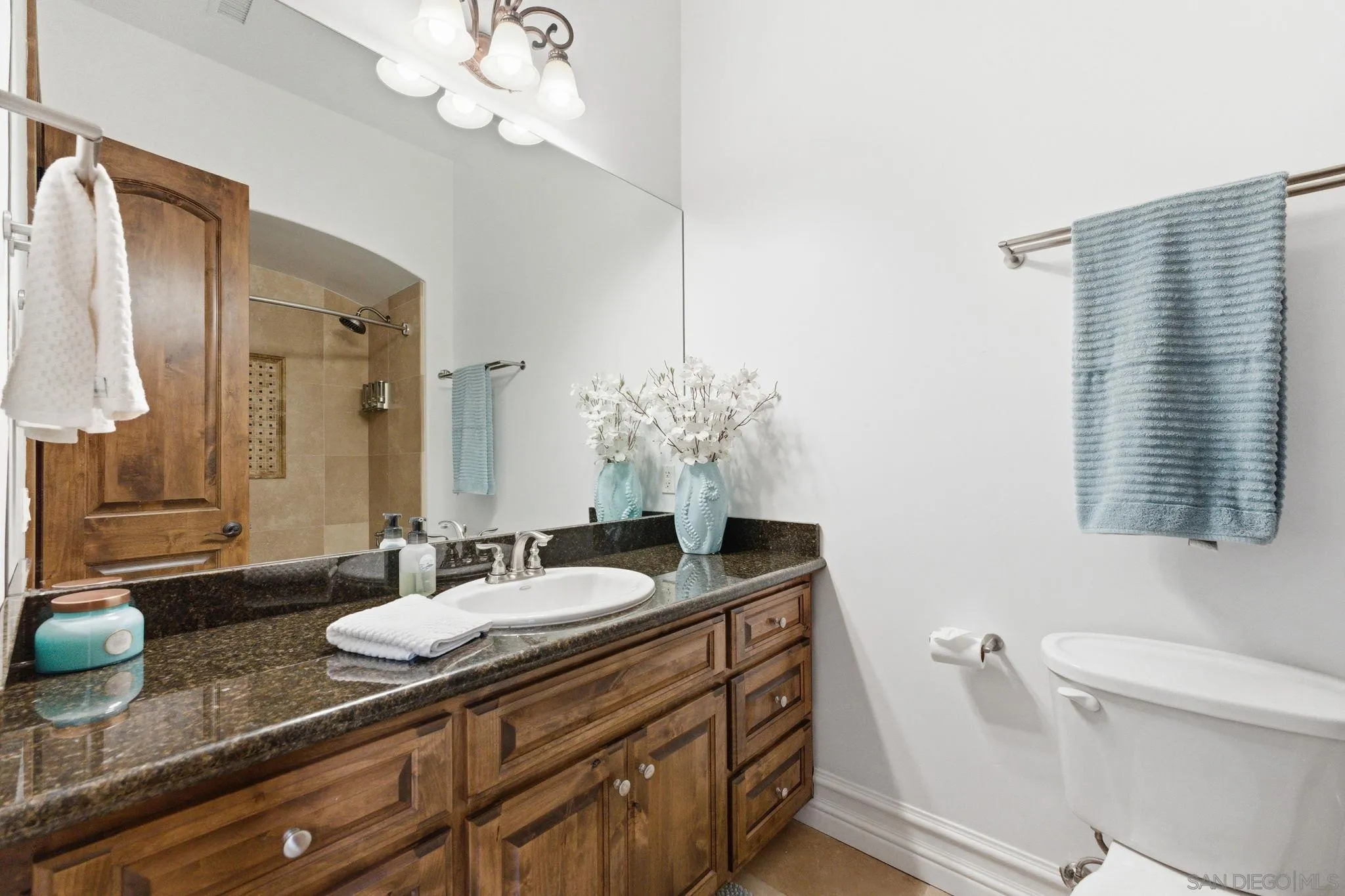 15480 Eastvale Road Poway, CA 92064 - Photo 64 of 71 a bathroom with a granite countertop sink a toilet and a mirror