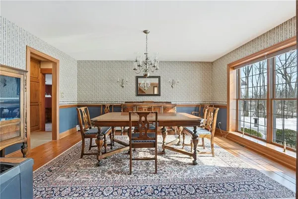 a view of a dining room with furniture window and wooden floor