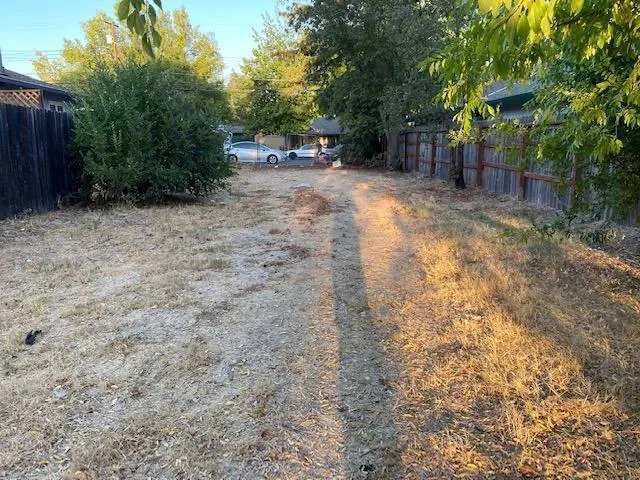 a view of a backyard with large trees and wooden fence