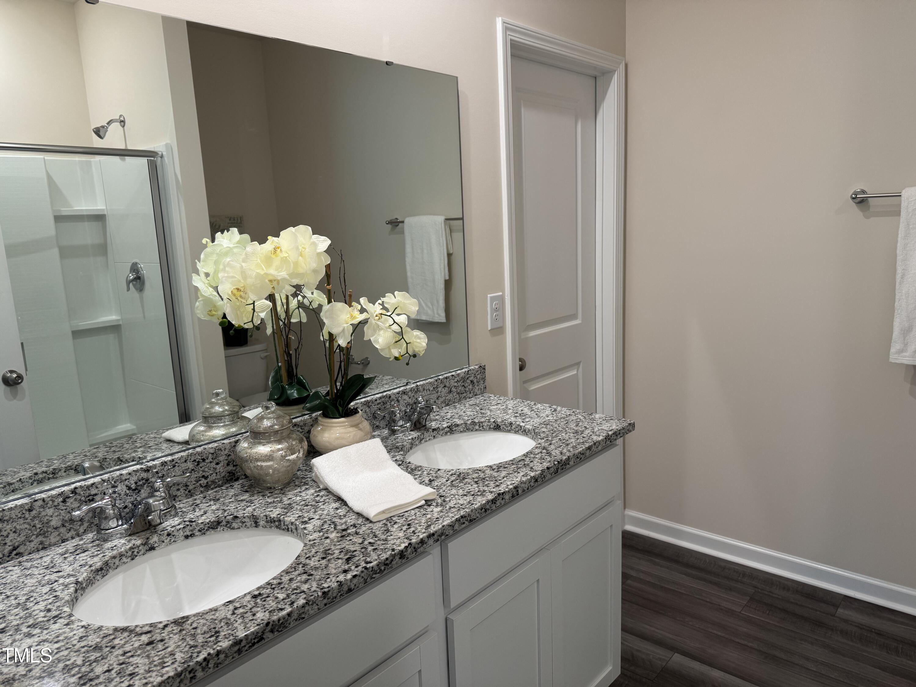 1444 Heron Pond Street Raleigh, NC 27604 - Photo 30 of 37 a bathroom with a granite countertop sink and a mirror