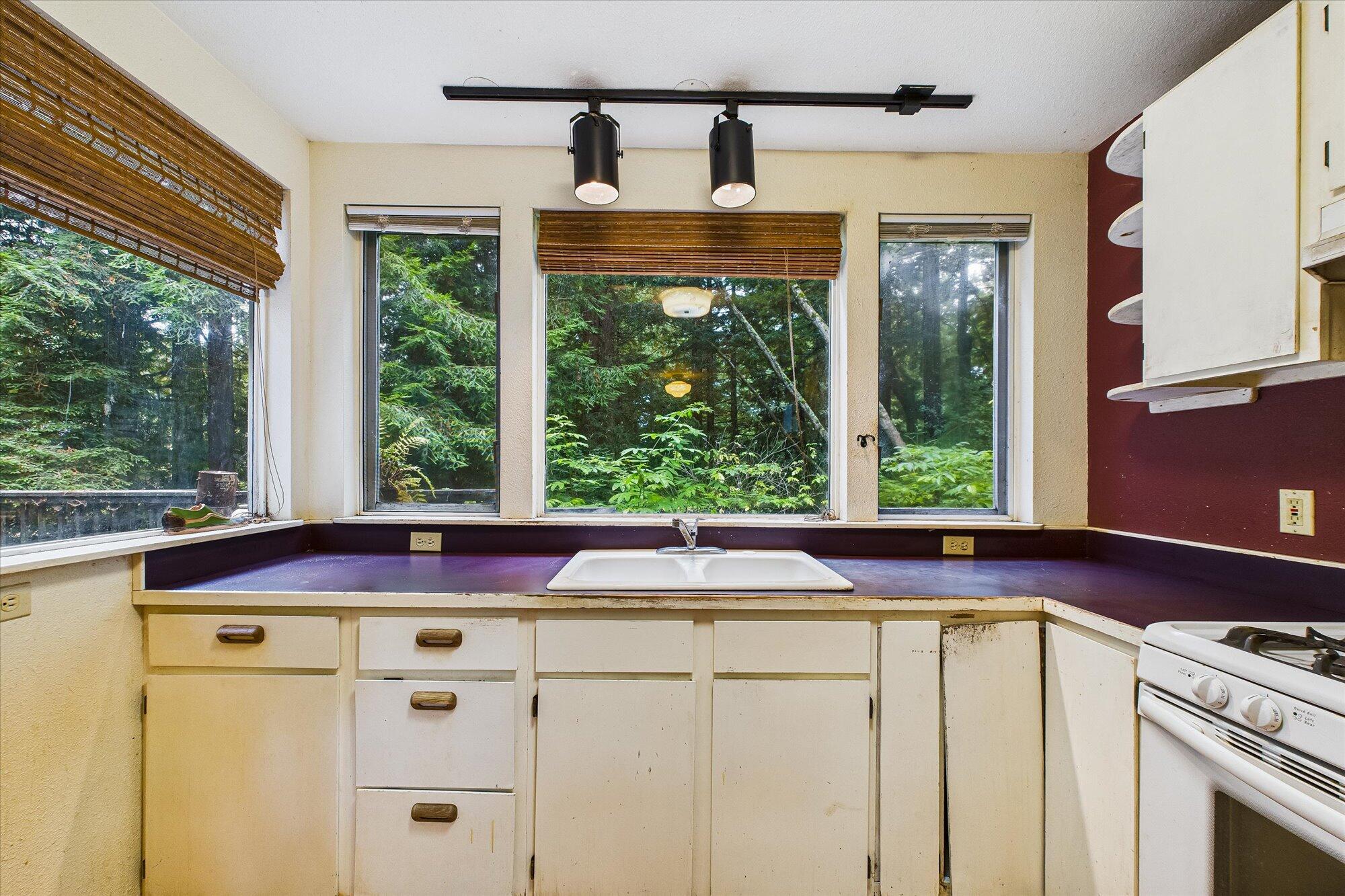 119 Sylva Street Arcata, CA 95521 - Photo 13 of 35 a kitchen with kitchen island a large window a sink and a counter space