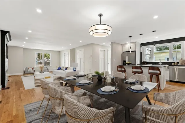 a view of a dining room with furniture