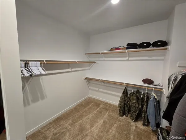 a view of walk in closet with clothes and shoes