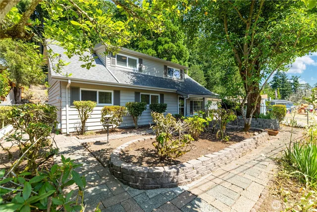 a front view of a house with a patio