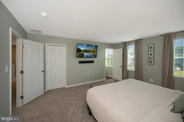 a bedroom with a large bed a rug and painting on the wall