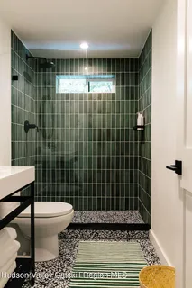 a bathroom with a toilet and a shower