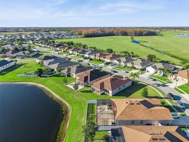 an aerial view of a house with a swimming pool