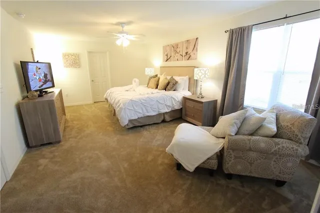 a bedroom with furniture and a window