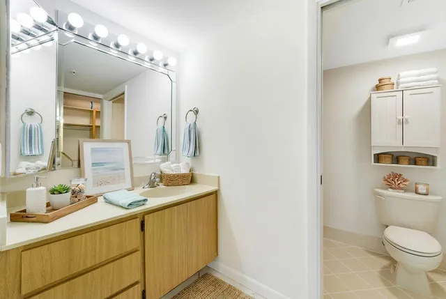 a bathroom with a sink a toilet and a mirror