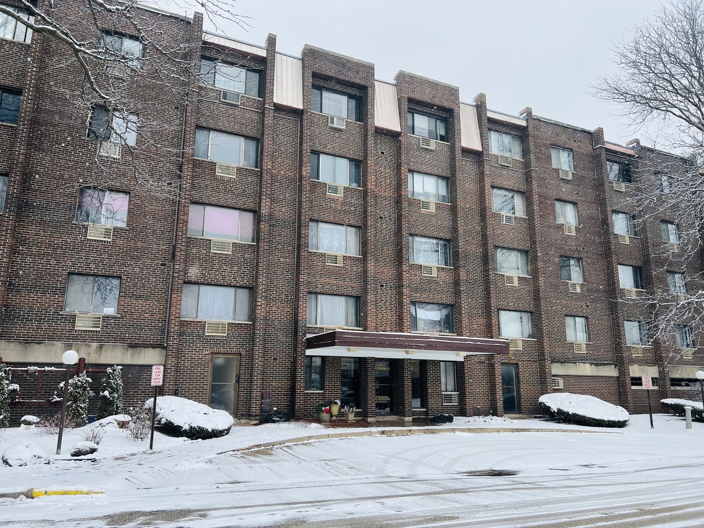 a view of a building and a street