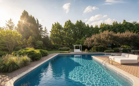 a view of a swimming pool with a yard