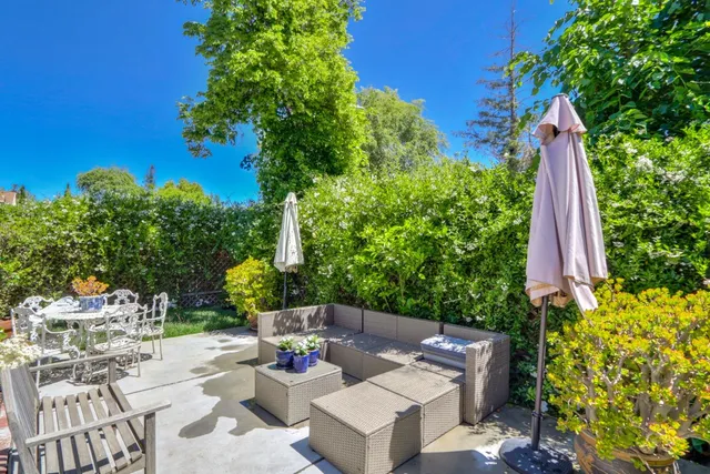 a view of a backyard with plants and a patio