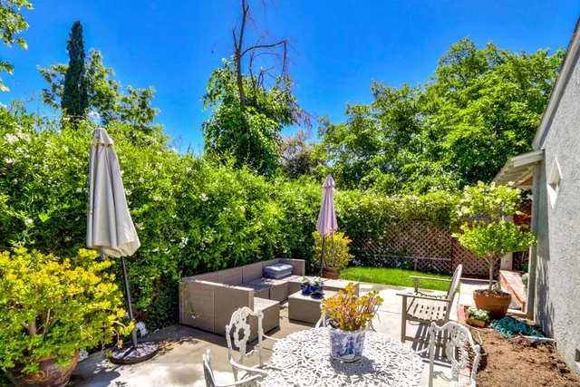 a view of backyard with plants and outdoor seating