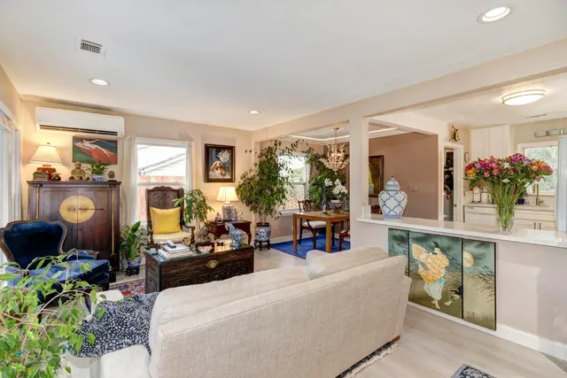 a living room with furniture potted plant and kitchen view