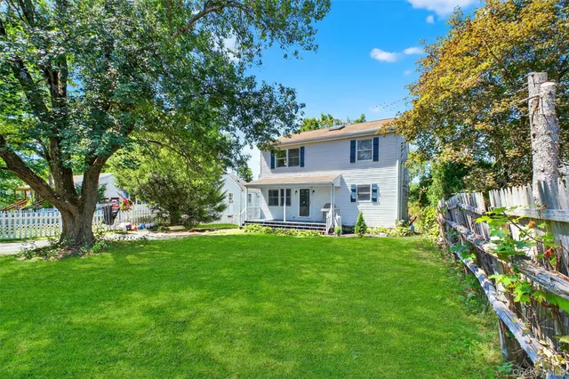 a view of a house with a big yard potted plants and large tree