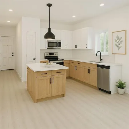a kitchen with stainless steel appliances granite countertop a sink stove and refrigerator