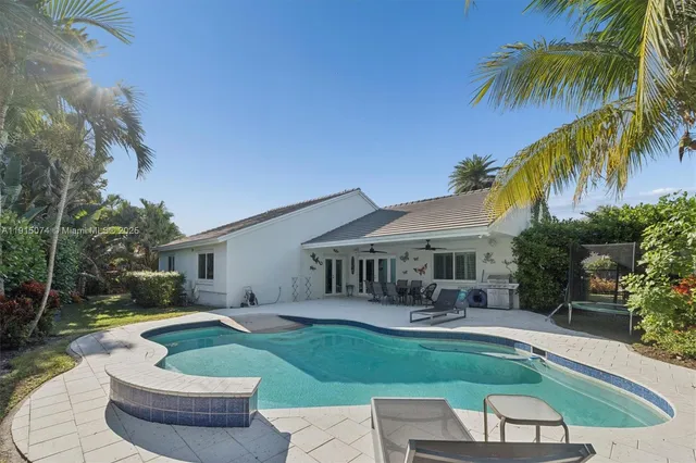 a house view with swimming pool and garden