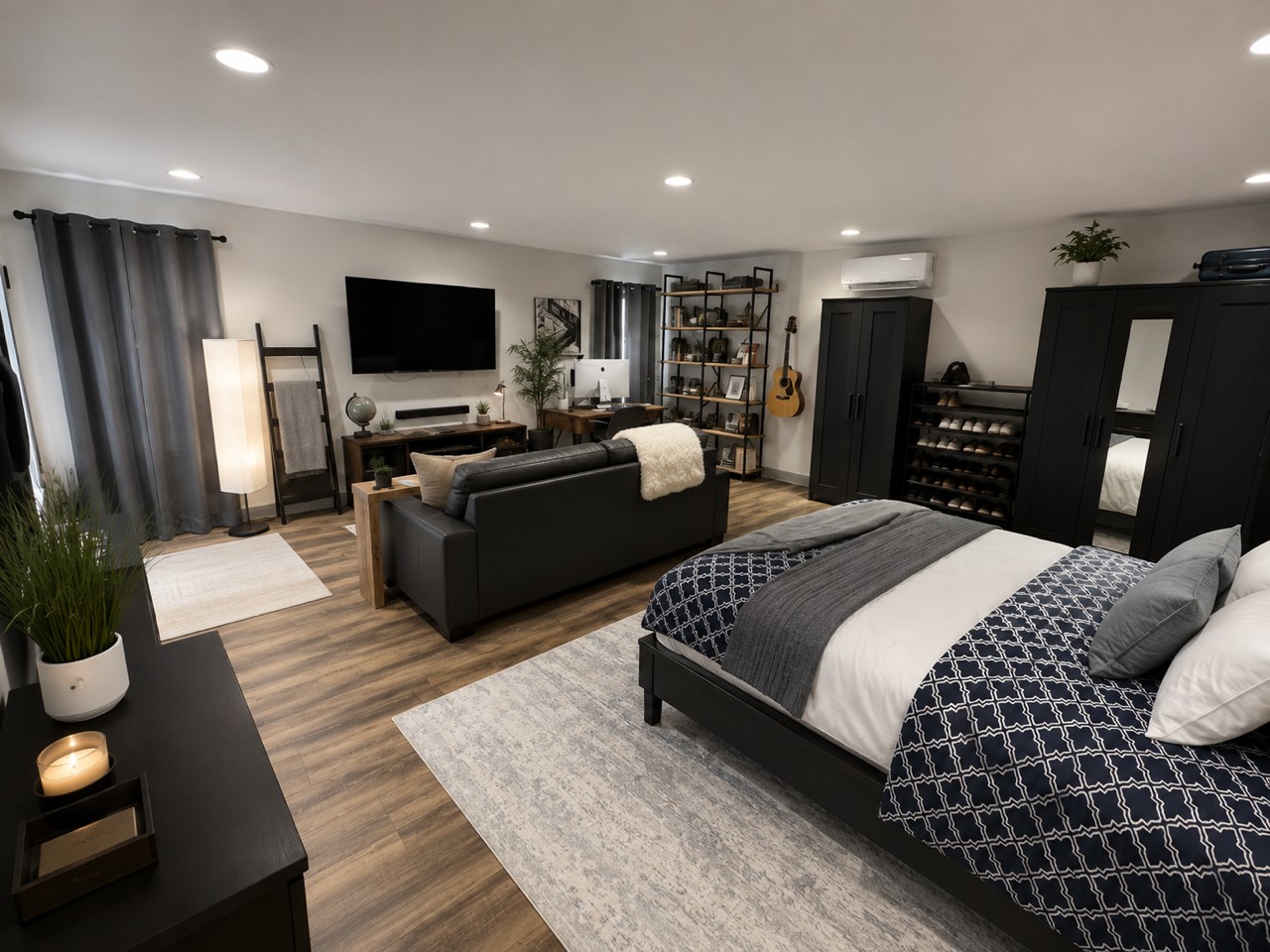 Recessed lighting and warm wood-look flooring enhance this versatile studio space.