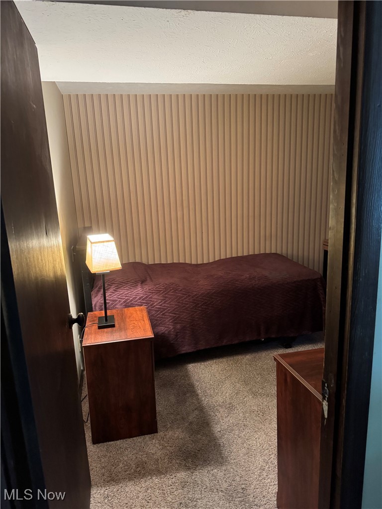 Carpeted bedroom featuring a textured ceiling