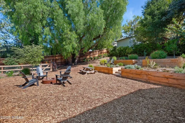 a view of a backyard with sitting area