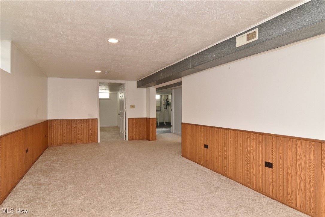 981 Hanley Road Cleveland, OH 44124 - Photo 31 of 42 Carpeted spare room with wood walls, a wainscoted wall, and a textured ceiling