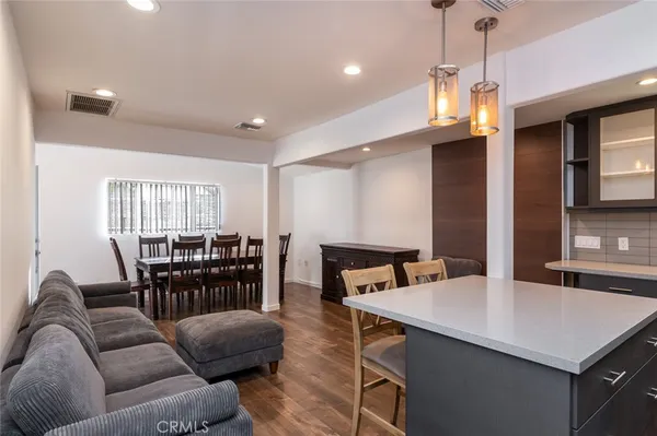a view of a dining room with furniture